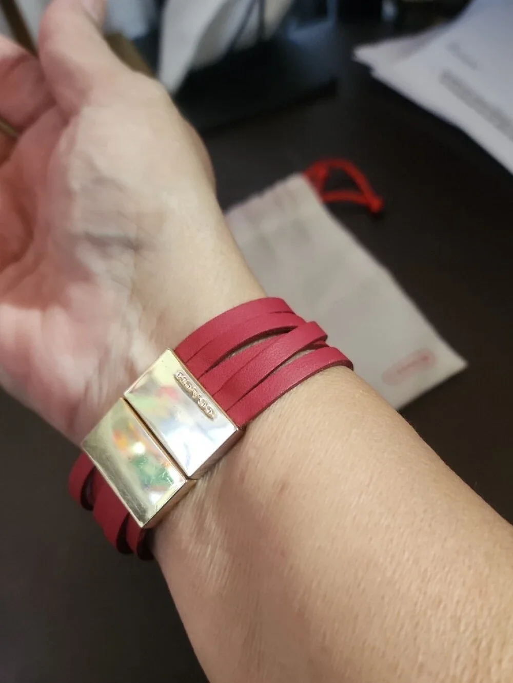 Coach Red Multi-Strap Leather Bracelet with Gold Hardware Euc